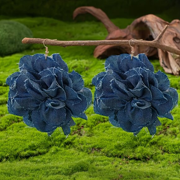 Bohemian Handmade Denim Fabric Flower Dangle Earrings, Blue - Picture 2 of 5